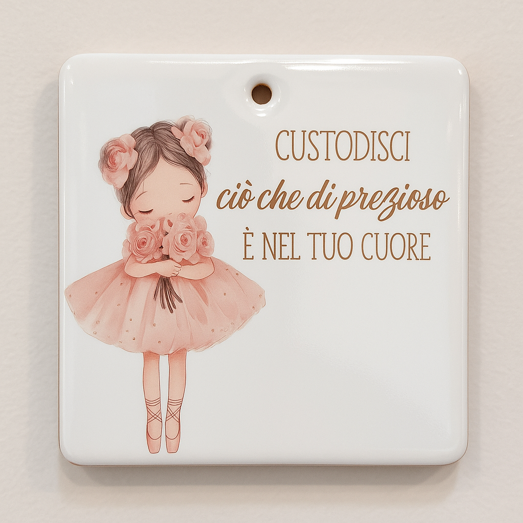 Piastrella rettangolare in ceramica con Ballerina da appendere 10 cm x 10 cm