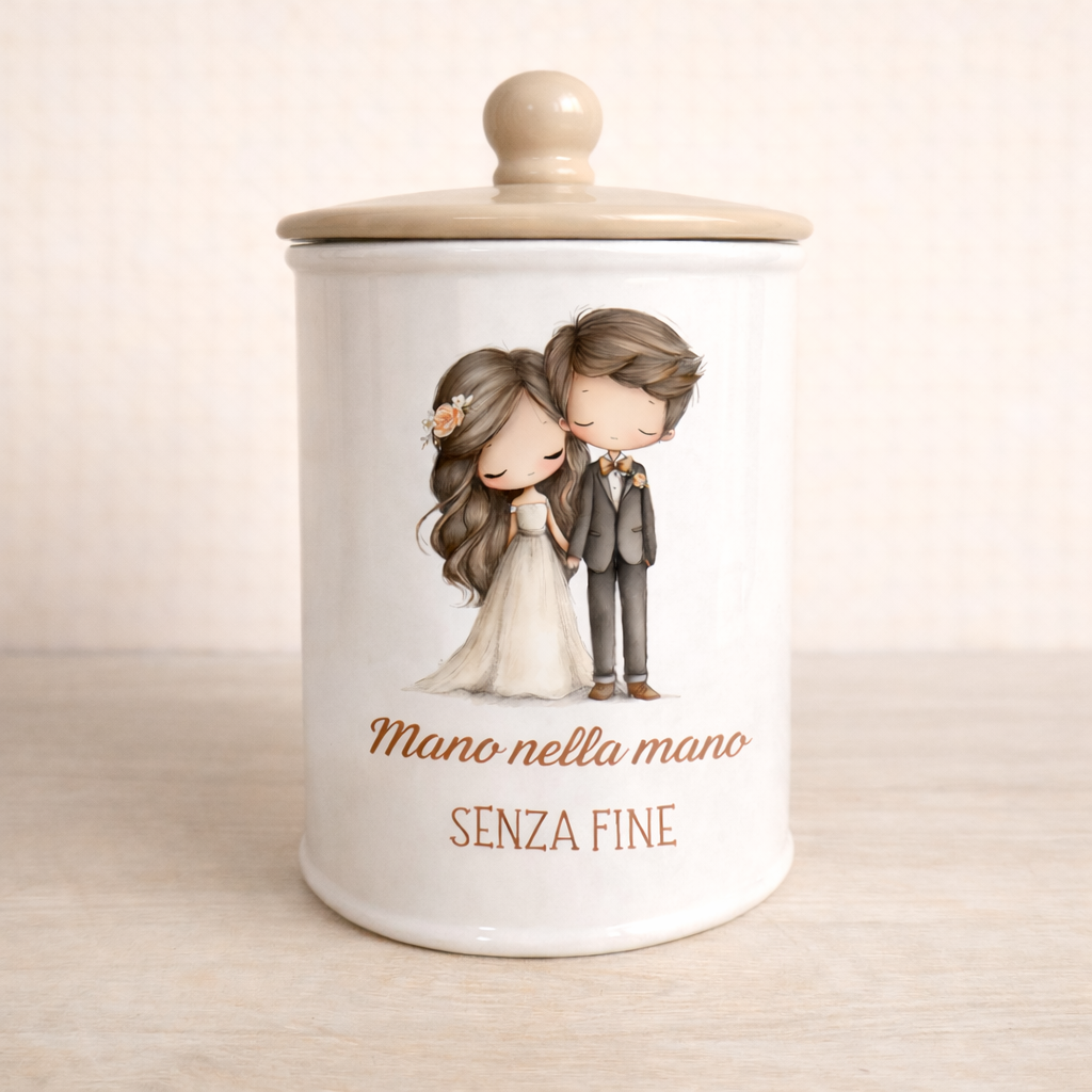 Biscottiera in ceramica artigianale 15cm o 19 cm decorazione Sposini "Mano nella mano senza fine"