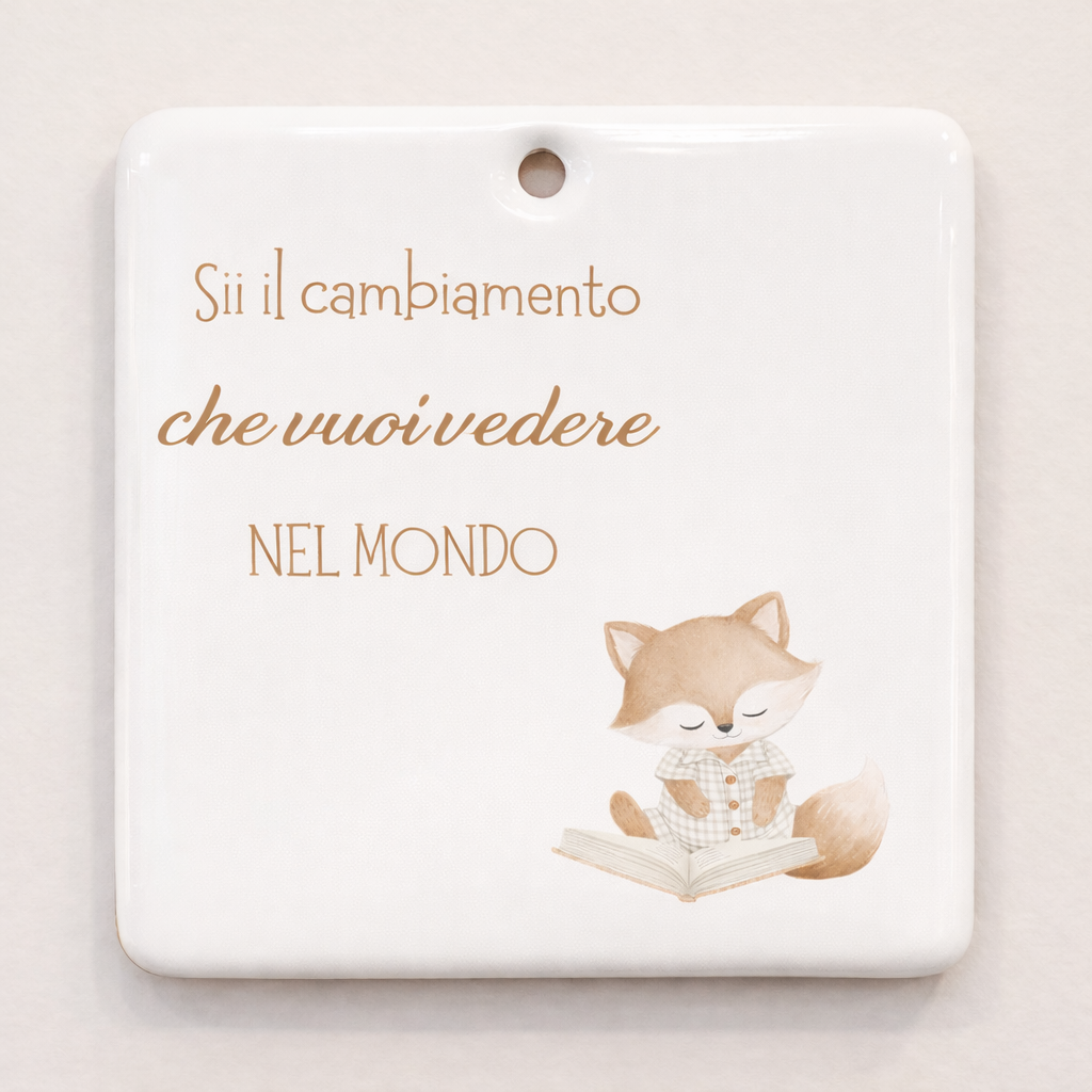 Piastrella rettangolare in ceramica con Volpe che legge da appendere 10 cm x 10 cm