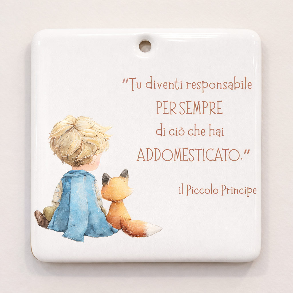 Piastrella rettangolare in ceramica con Piccolo Principe da appendere 10 cm x 10 cm