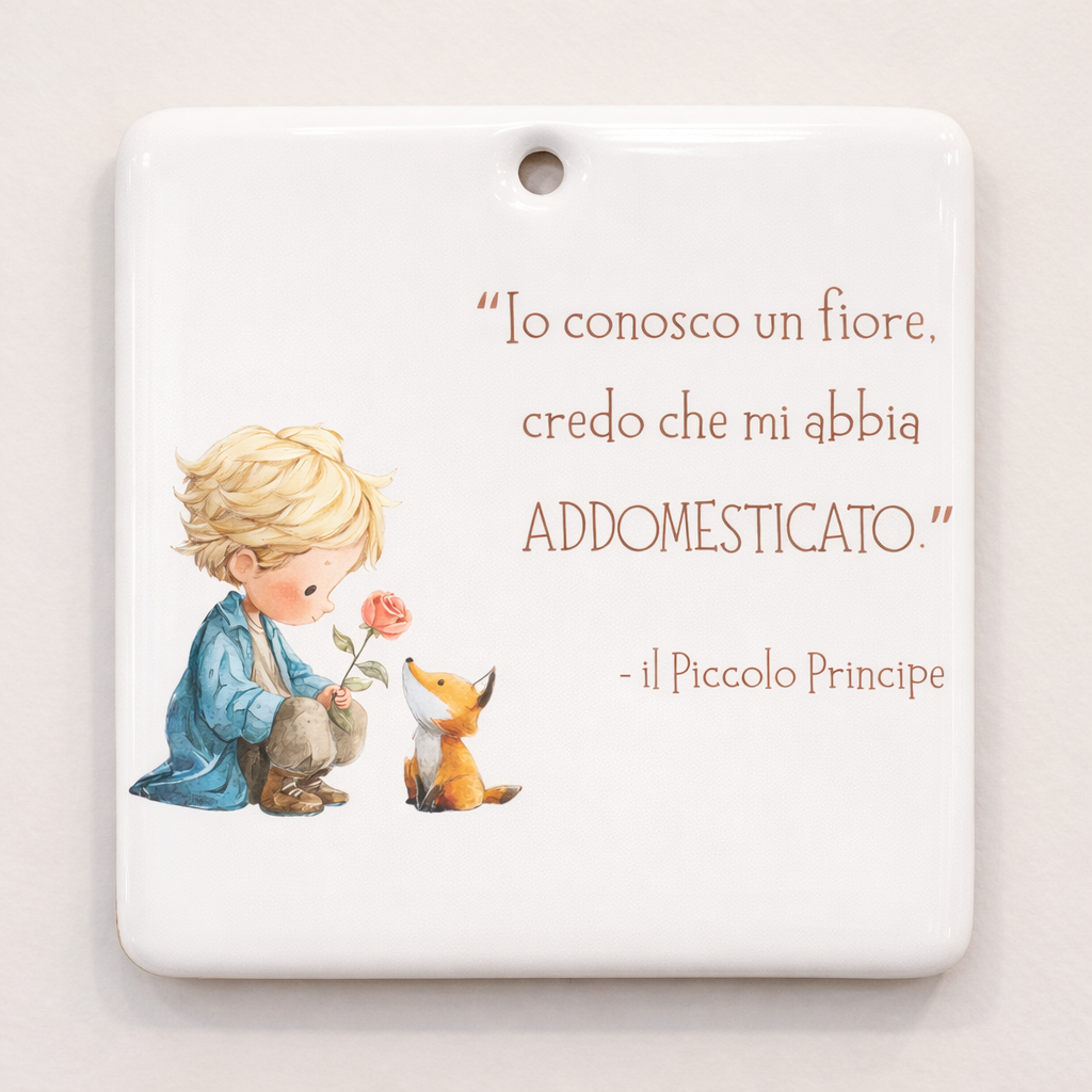 Piastrella rettangolare in ceramica con Piccolo Principe da appendere 10 cm x 10 cm