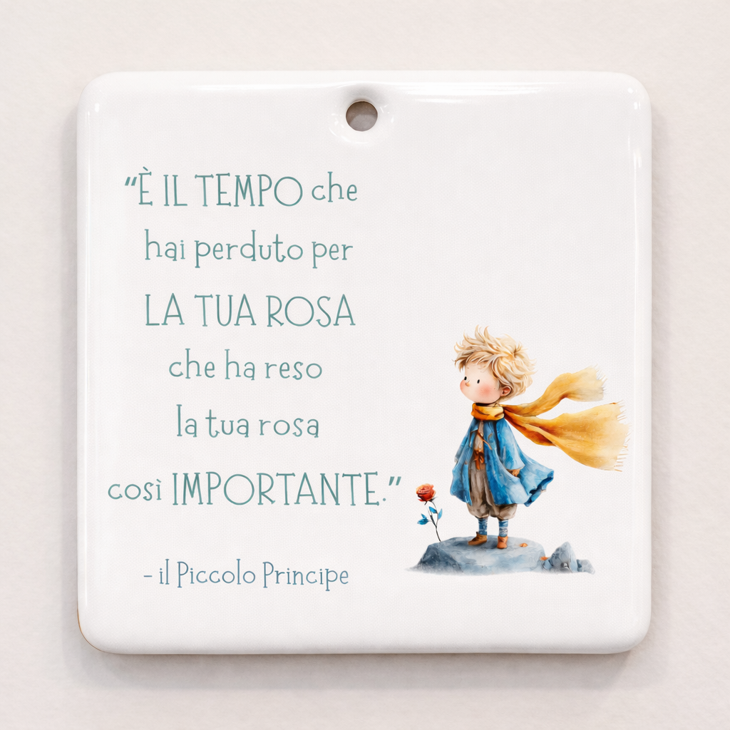 Piastrella rettangolare in ceramica con Piccolo Principe da appendere 10 cm x 10 cm