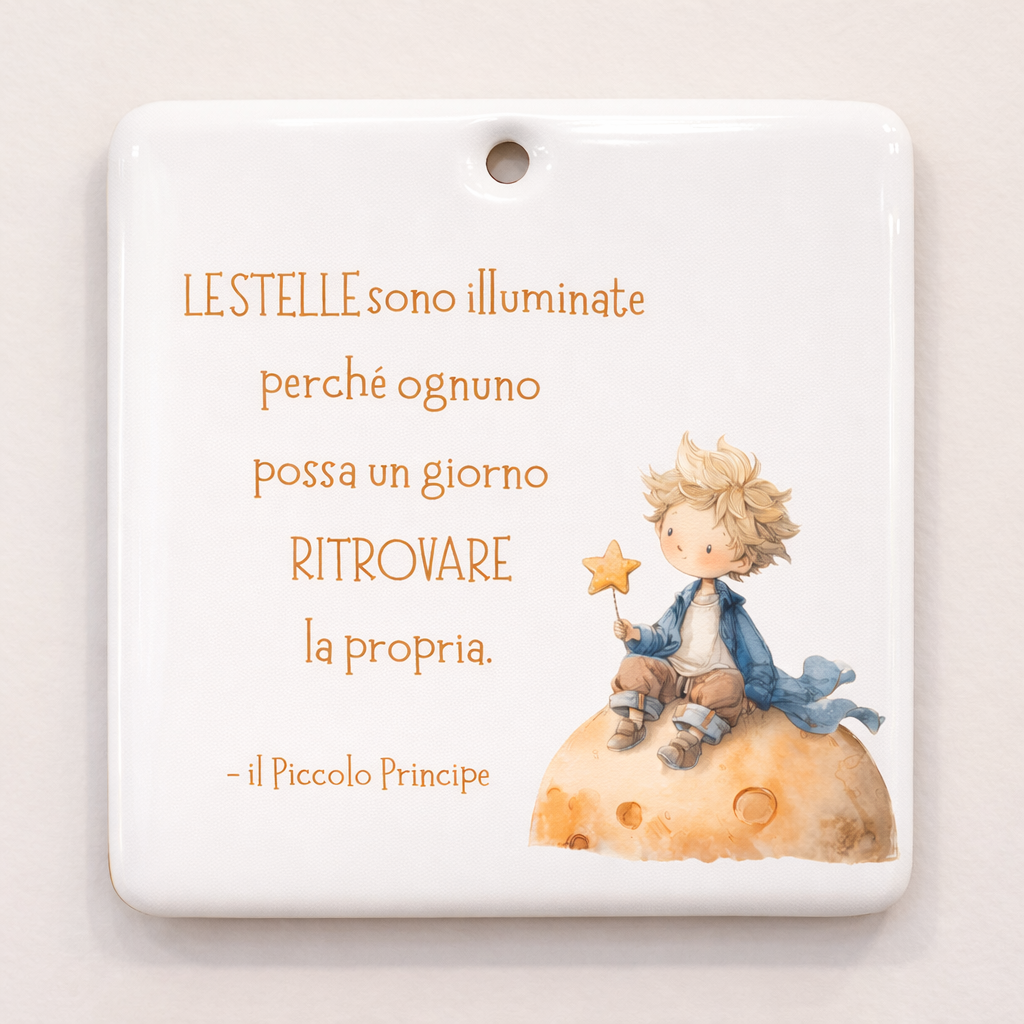 Piastrella rettangolare in ceramica con Piccolo Principe da appendere 10 cm x 10 cm