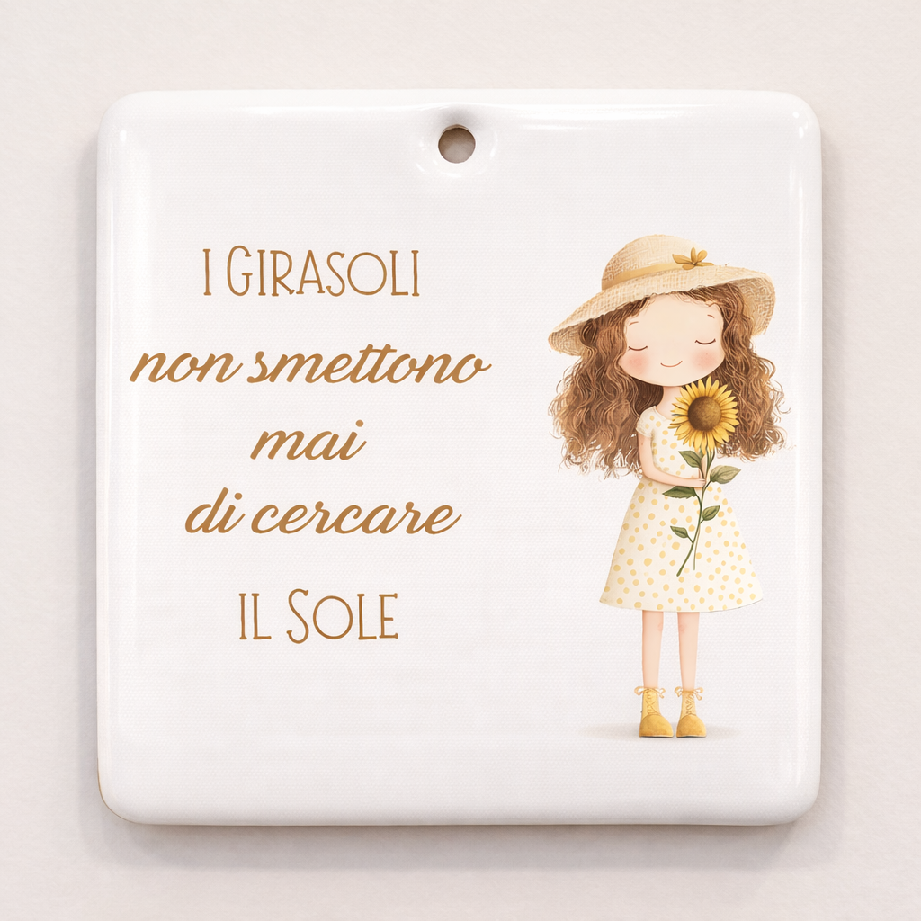 Piastrella rettangolare in ceramica con Bimba con girasole da appendere 10 cm x 10 cm