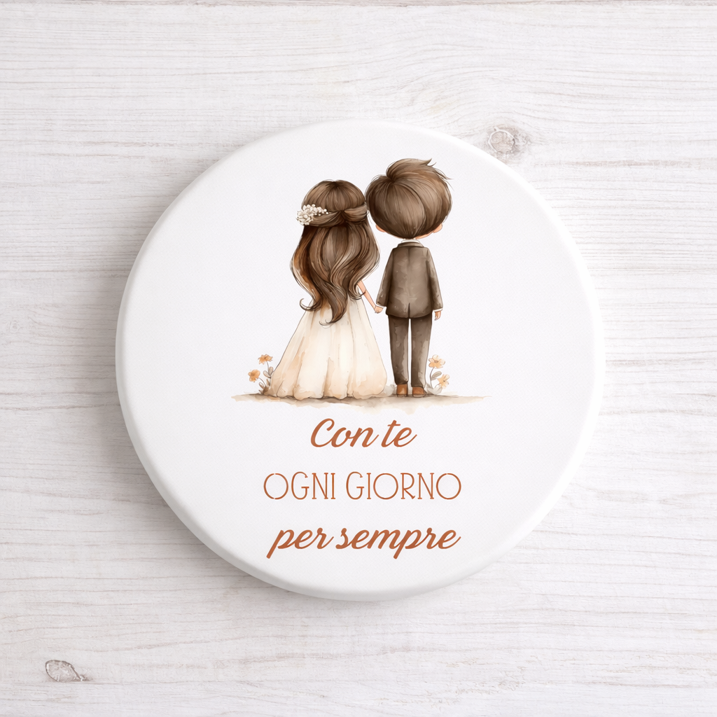 Sottopentola in ceramica diametro 10cm tema sposini "Con te ogni giorno per sempre"