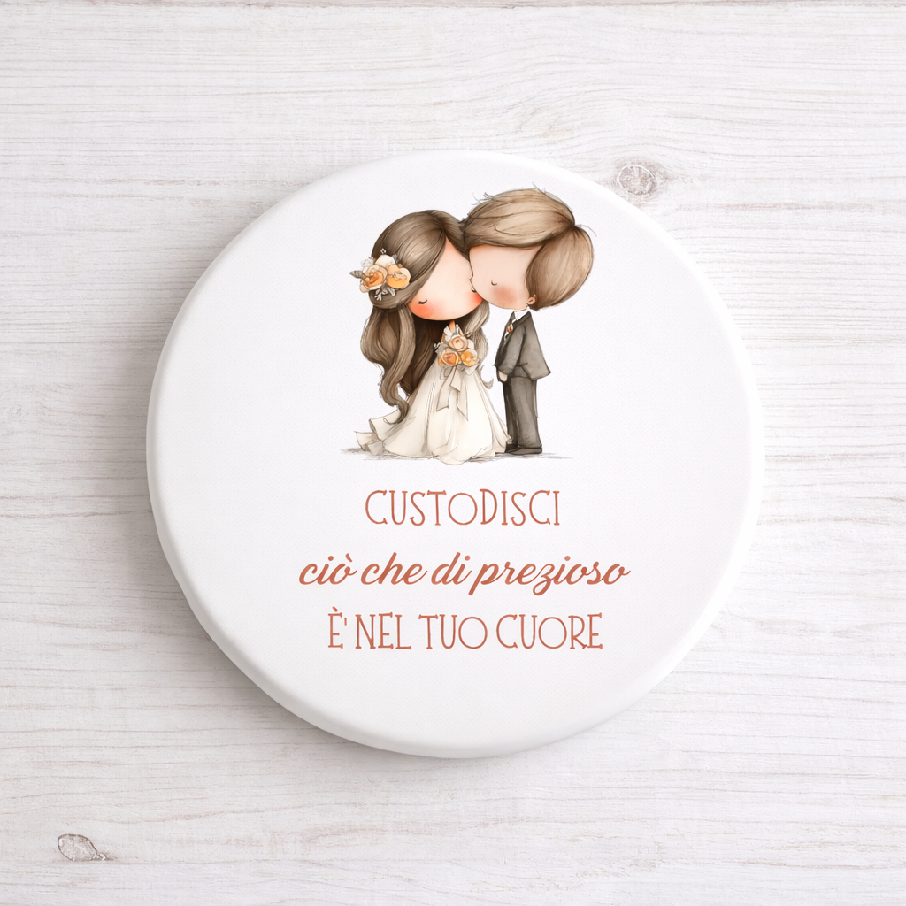 Sottopentola in ceramica diametro 10cm tema sposini "Custodisci ciò che di prezioso..."
