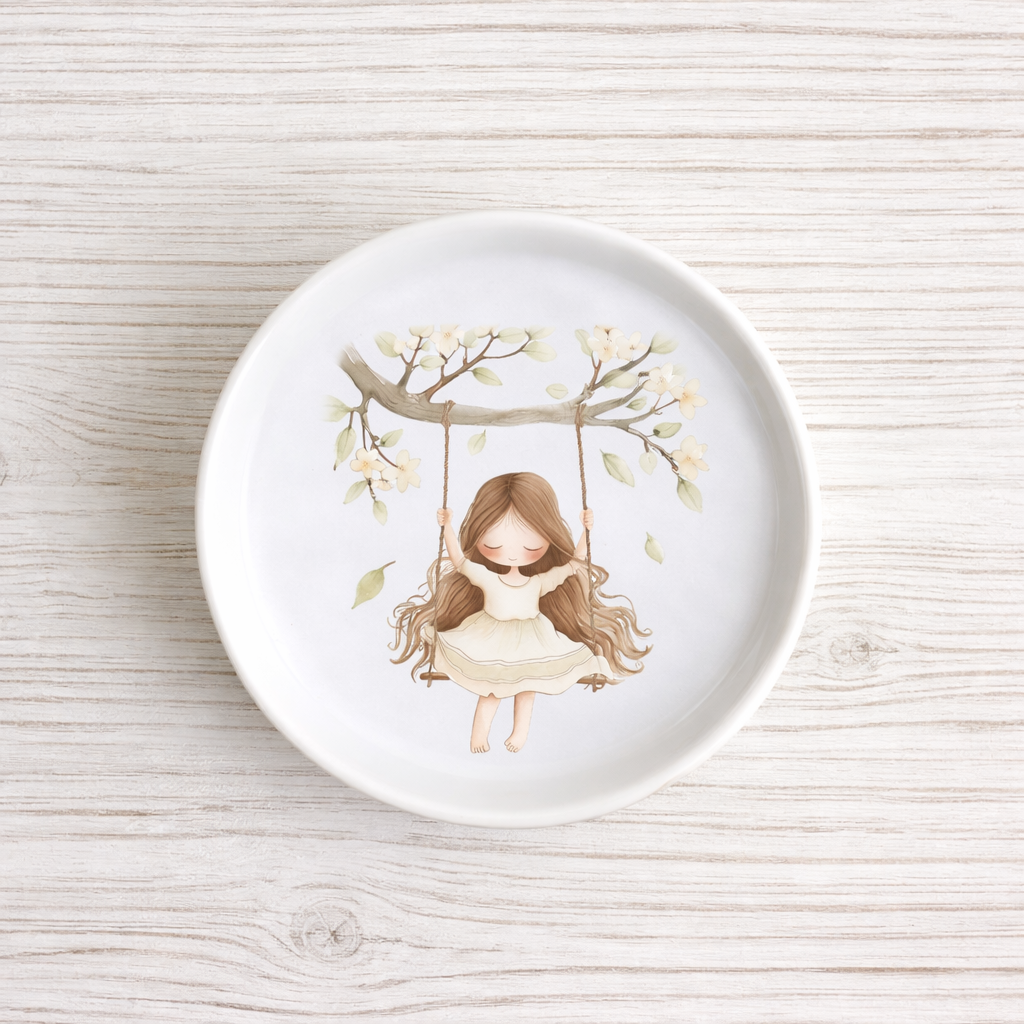 Piattino sottobottiglia in Ceramica con Bimba che dondola tra i fiori country diametro 11 cm