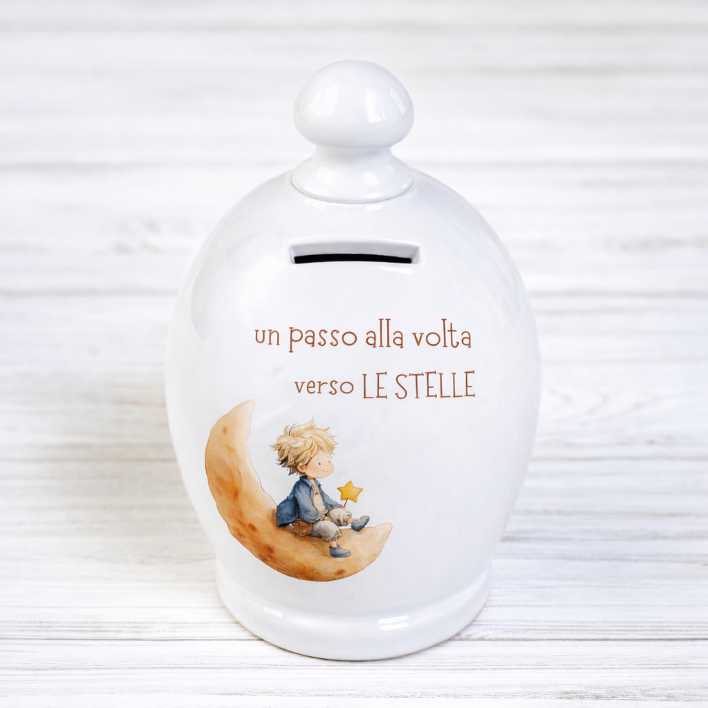 Salvadanaio in ceramica artigianale 15cm decorazione Piccolo Principe "Un passo alla volta verso le stelle"