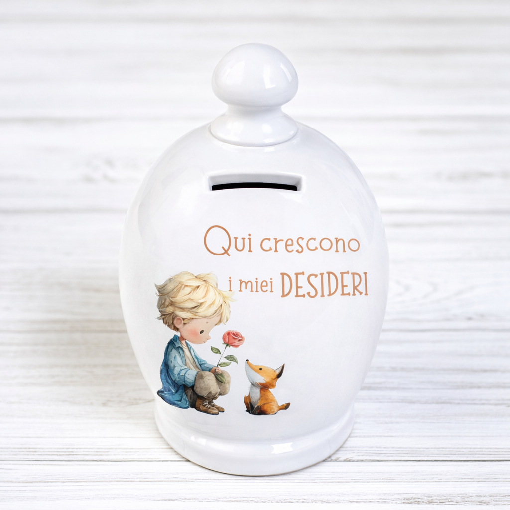 Salvadanaio in ceramica artigianale 15cm decorazione Piccolo Principe "Qui crescono i miei desideri"