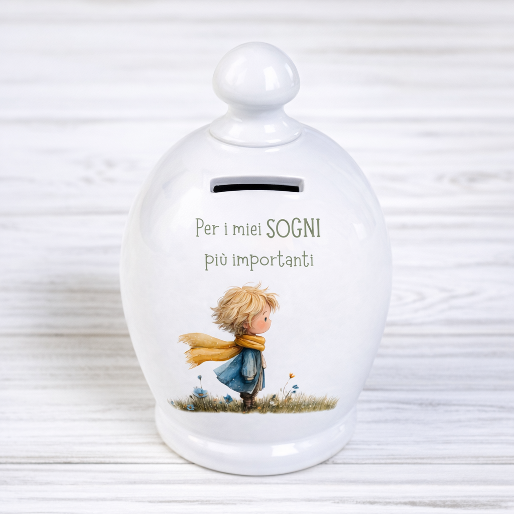 Salvadanaio in ceramica artigianale 15cm decorazione Piccolo Principe "Per i miei sogni più importanti"