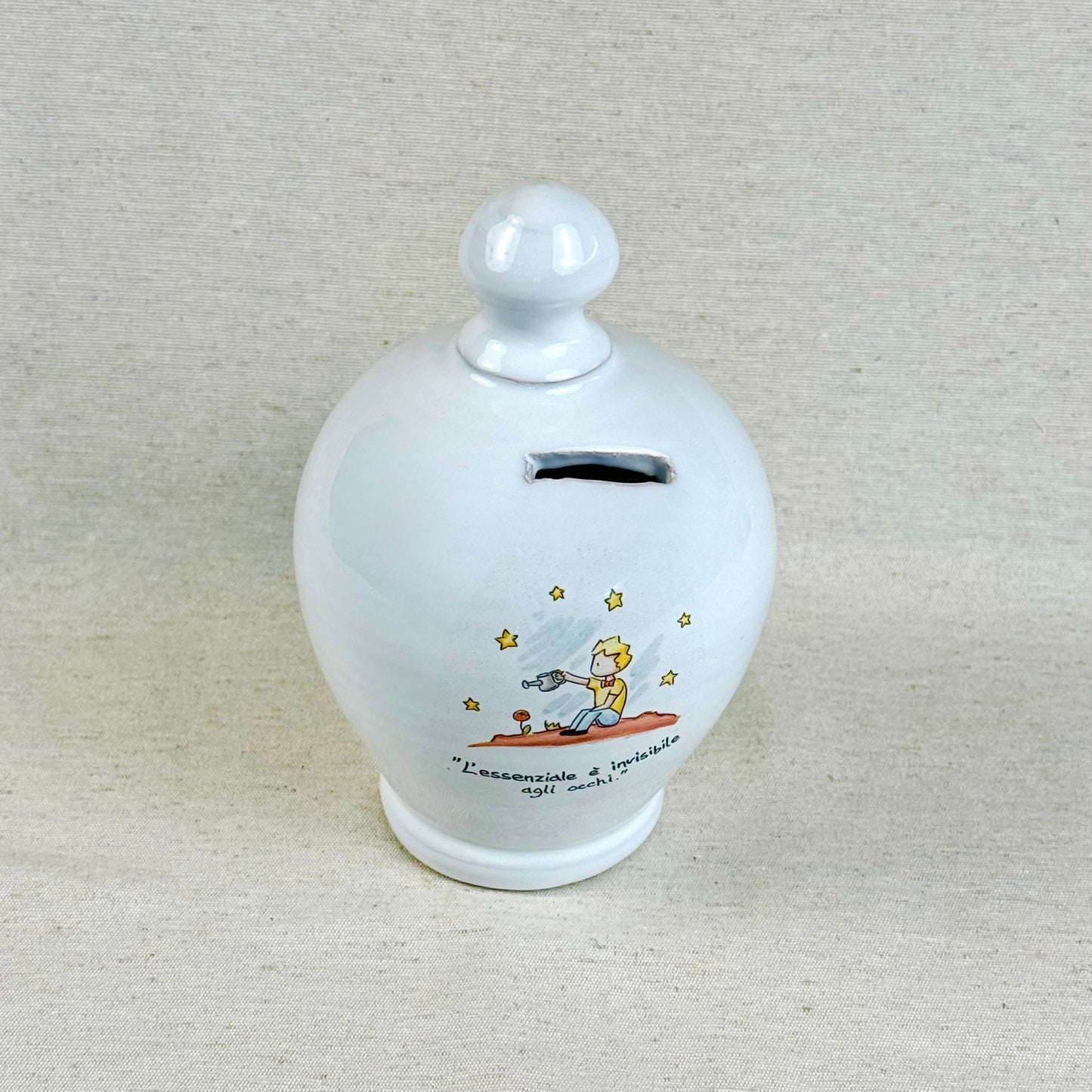 Salvadanaio in ceramica artigianale 15cm decorazione Piccolo Principe con frase
