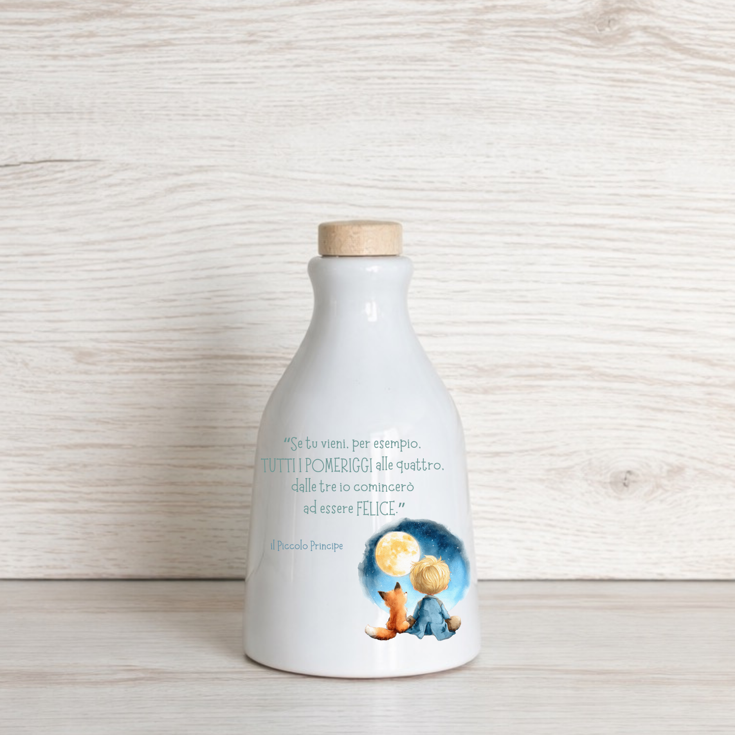 Orcio in ceramica artigianale con frase del Piccolo Principe dimensione da 100 ml  / 250 ml/500 ml "Se tu vieni tutti i pomeriggi alle quattro..."