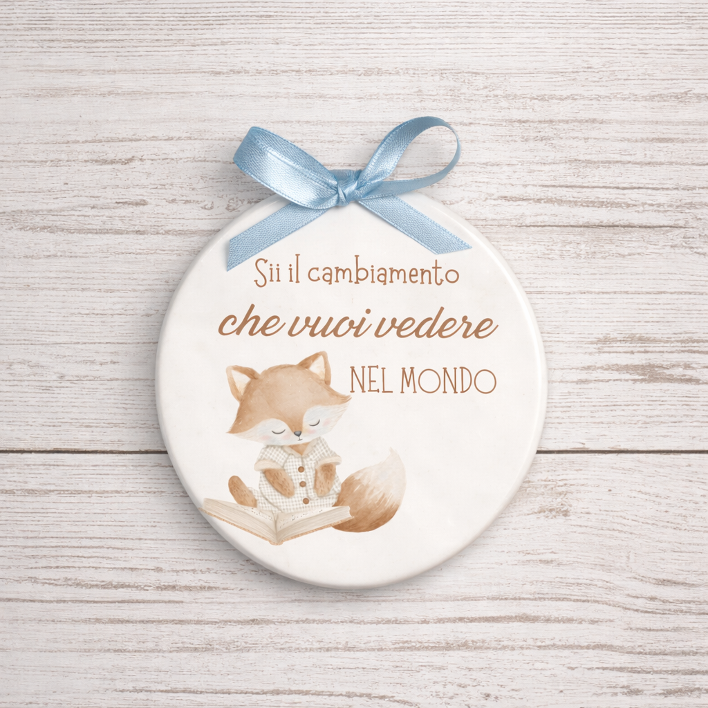 Piastrella tonda in ceramica con Volpe, da appendere 10 cm di diametro