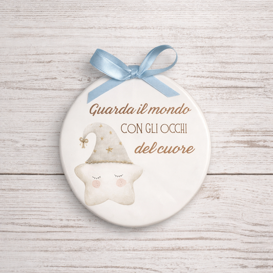 Piastrella tonda in ceramica con Stellina, da appendere 10 cm di diametro