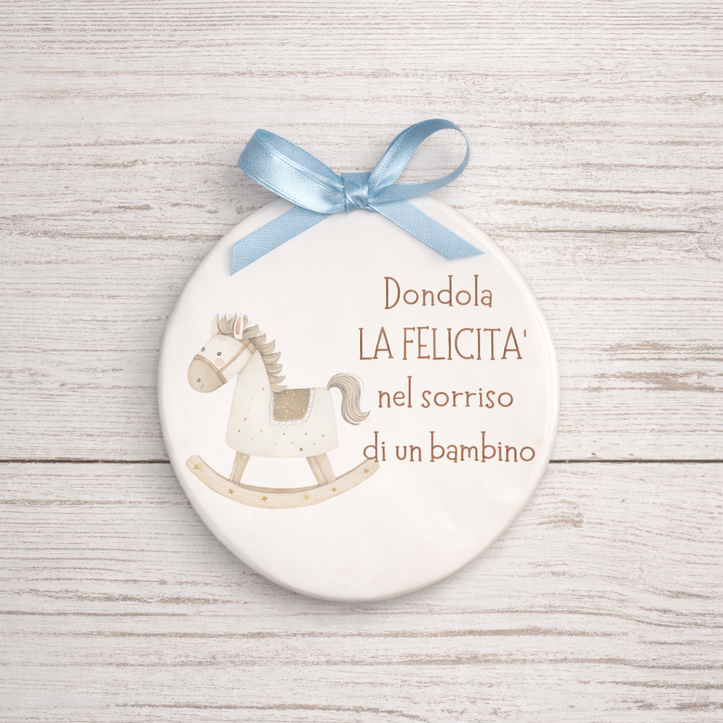 Piastrella tonda in ceramica con Cavalluccio da appendere 10 cm di diametro