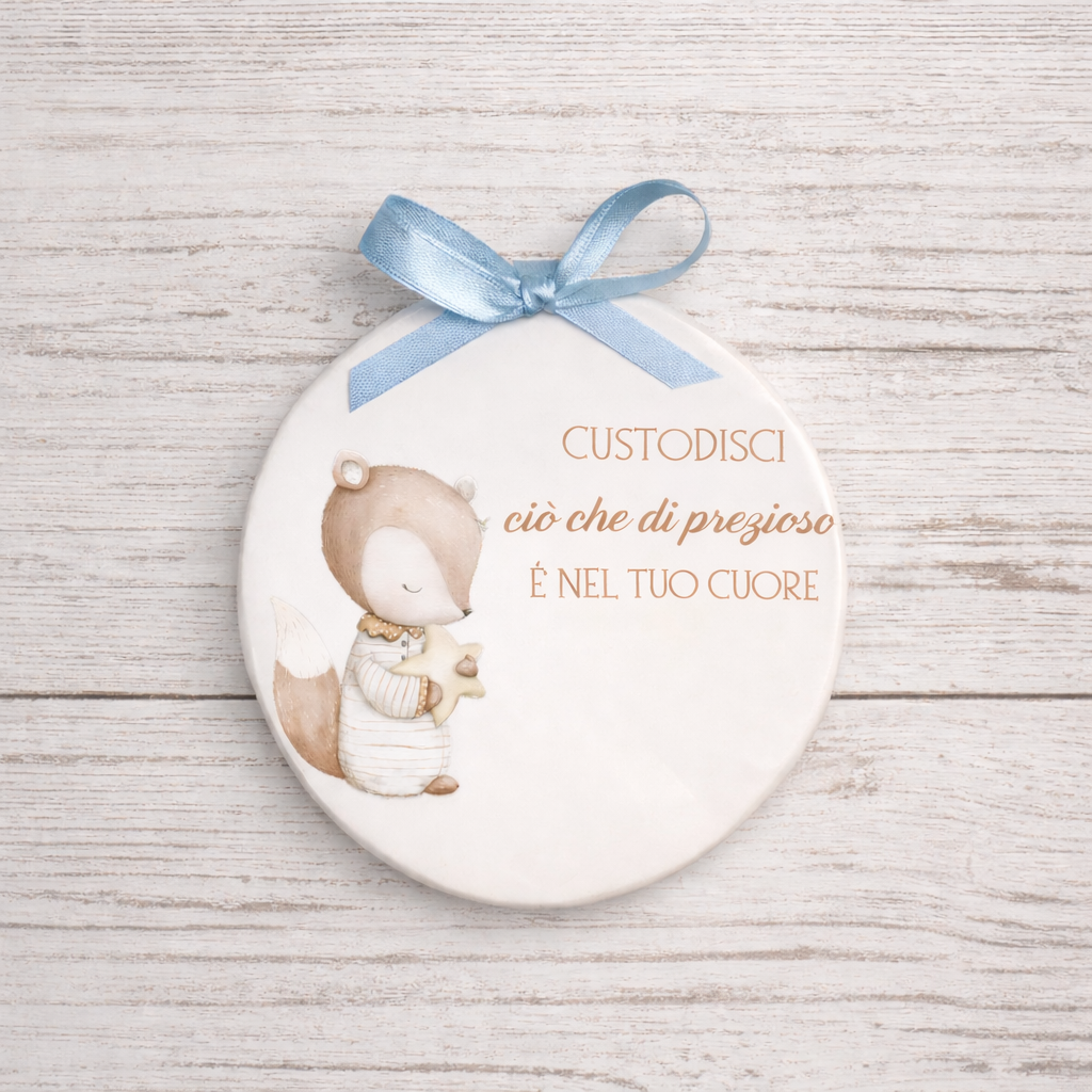 Piastrella tonda in ceramica con Volpe e stellina, da appendere 10 cm di diametro