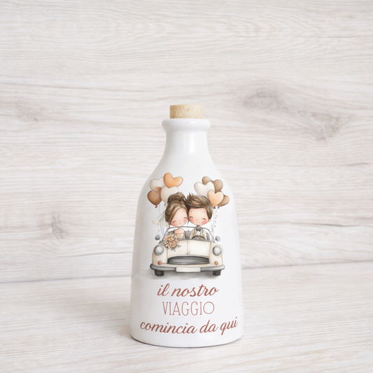 Orcio in ceramica artigianale con Sposini dimensione da 100 ml / 250 ml/ 500 ml  "Il nostro viaggio comincia da qui"