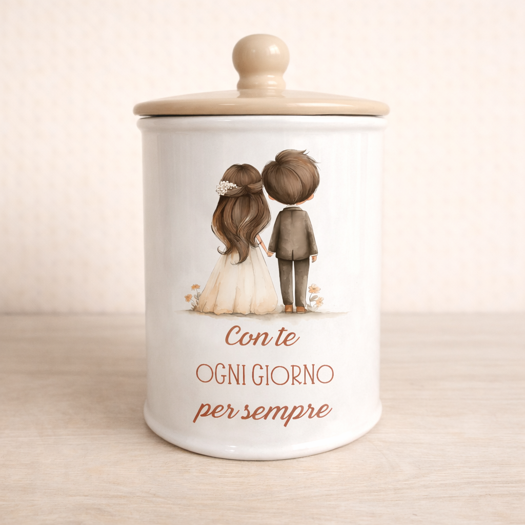 Biscottiera in ceramica artigianale 15cm o 19 cm decorazione Sposini "Con te ogni giorno per sempre"