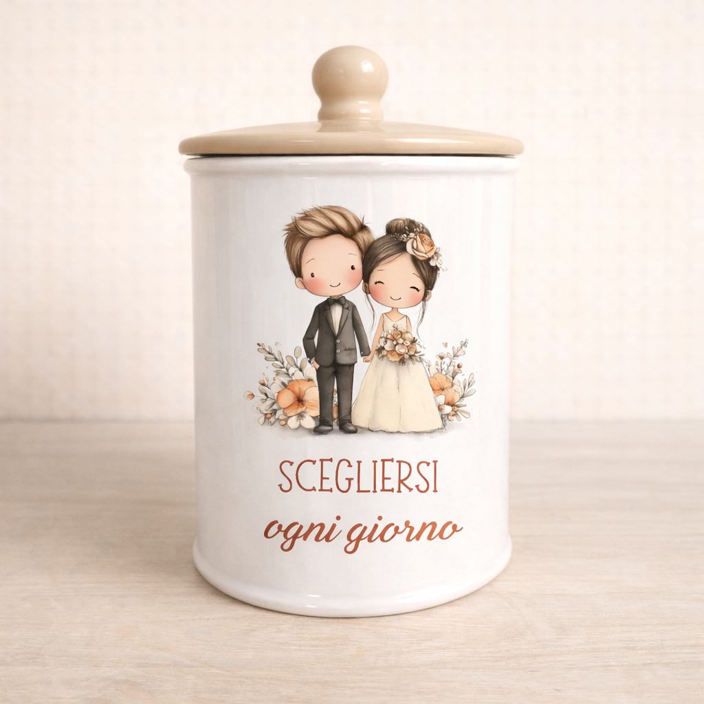 Biscottiera in ceramica artigianale 15cm o 19 cm decorazione Sposini "Scegliersi ogni giorno"