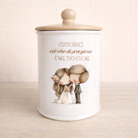 Biscottiera in ceramica artigianale 15cm o 19 cm decorazione Sposini "Custodisci ciò che di prezioso..."