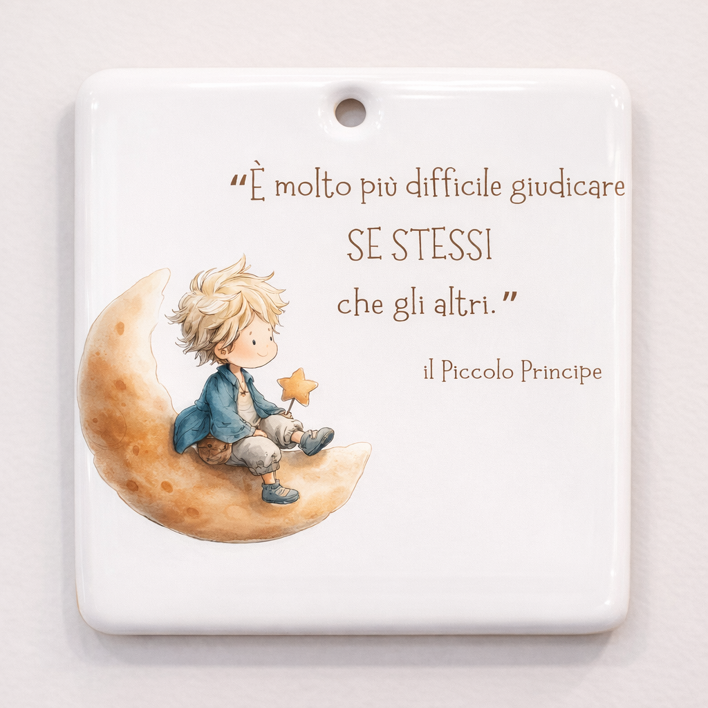 Piastrella rettangolare in ceramica con Piccolo Principe da appendere 10 cm x 10 cm