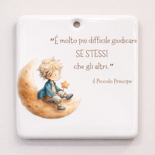 Piastrella rettangolare in ceramica con Piccolo Principe da appendere 10 cm x 10 cm