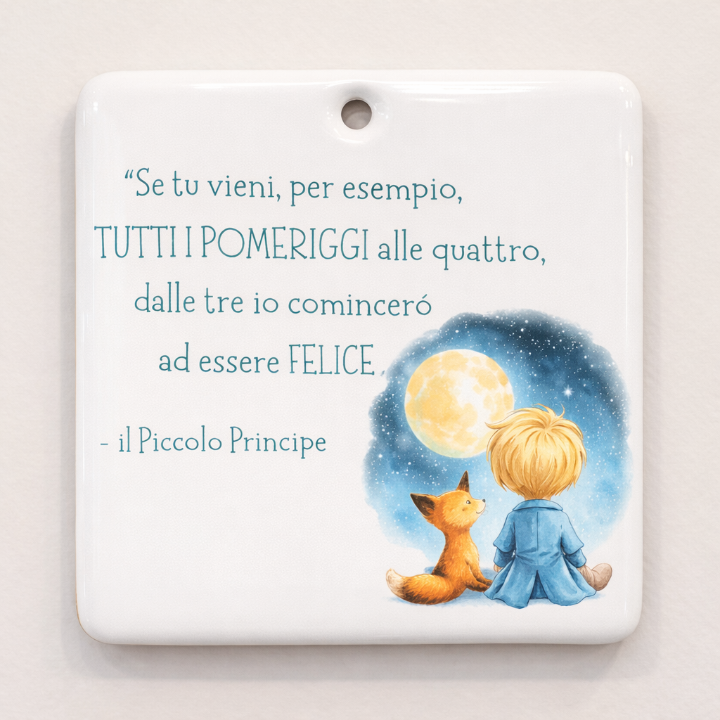 Piastrella rettangolare in ceramica con Piccolo Principe da appendere 10 cm x 10 cm