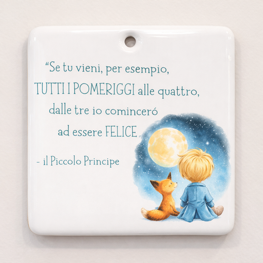 Piastrella rettangolare in ceramica con Piccolo Principe da appendere 10 cm x 10 cm