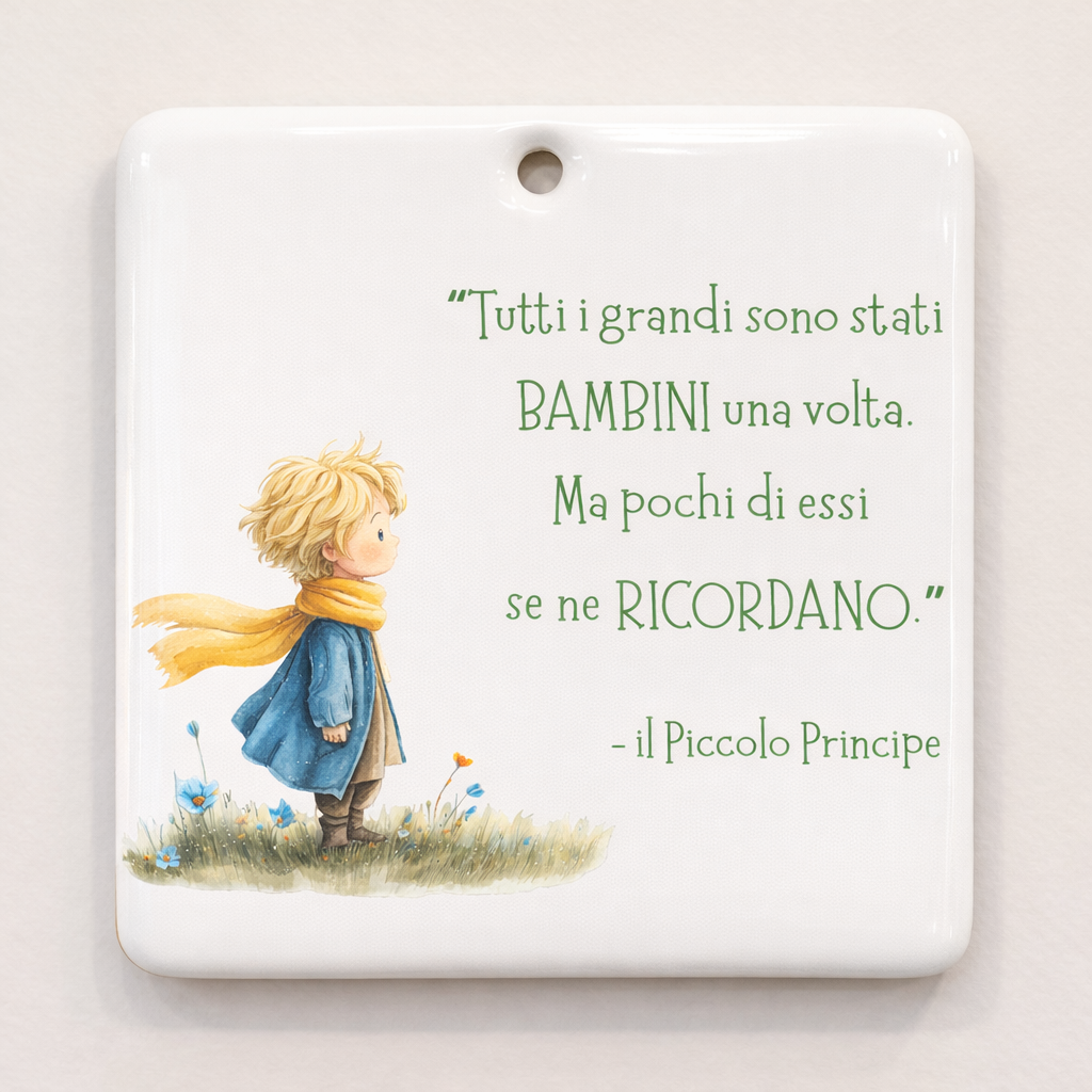 Piastrella rettangolare in ceramica con Piccolo Principe da appendere 10 cm x 10 cm