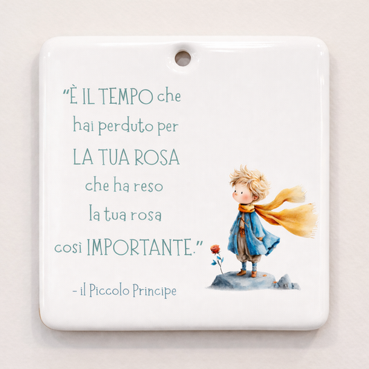 Piastrella rettangolare in ceramica con Piccolo Principe da appendere 10 cm x 10 cm