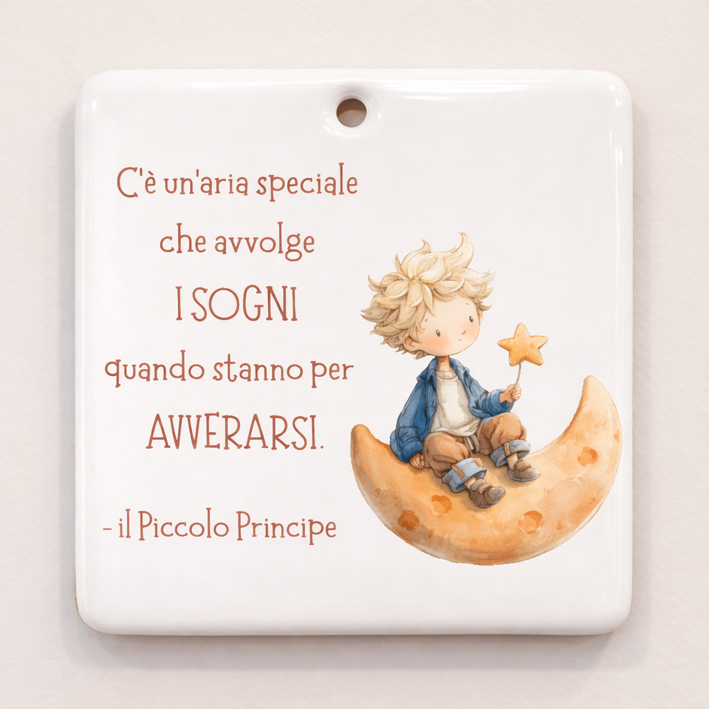 Piastrella rettangolare in ceramica con Piccolo Principe da appendere 10 cm x 10 cm