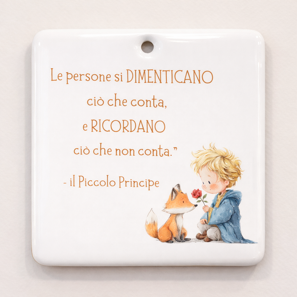 Piastrella rettangolare in ceramica con Piccolo Principe da appendere 10 cm x 10 cm