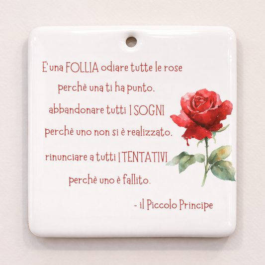 Piastrella rettangolare in ceramica con Piccolo Principe da appendere 10 cm x 10 cm