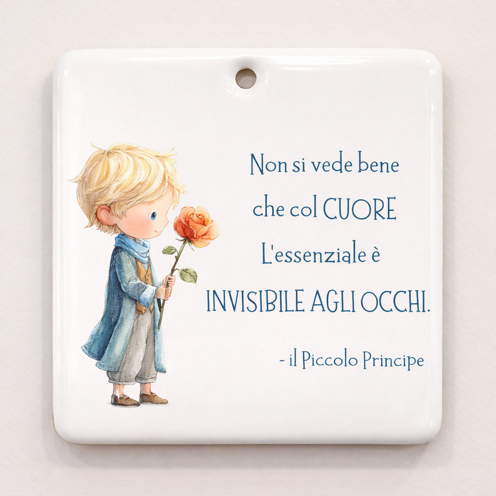 Piastrella rettangolare in ceramica con Piccolo Principe da appendere 10 cm x 10 cm