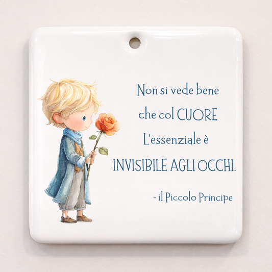 Piastrella rettangolare in ceramica con Piccolo Principe da appendere 10 cm x 10 cm