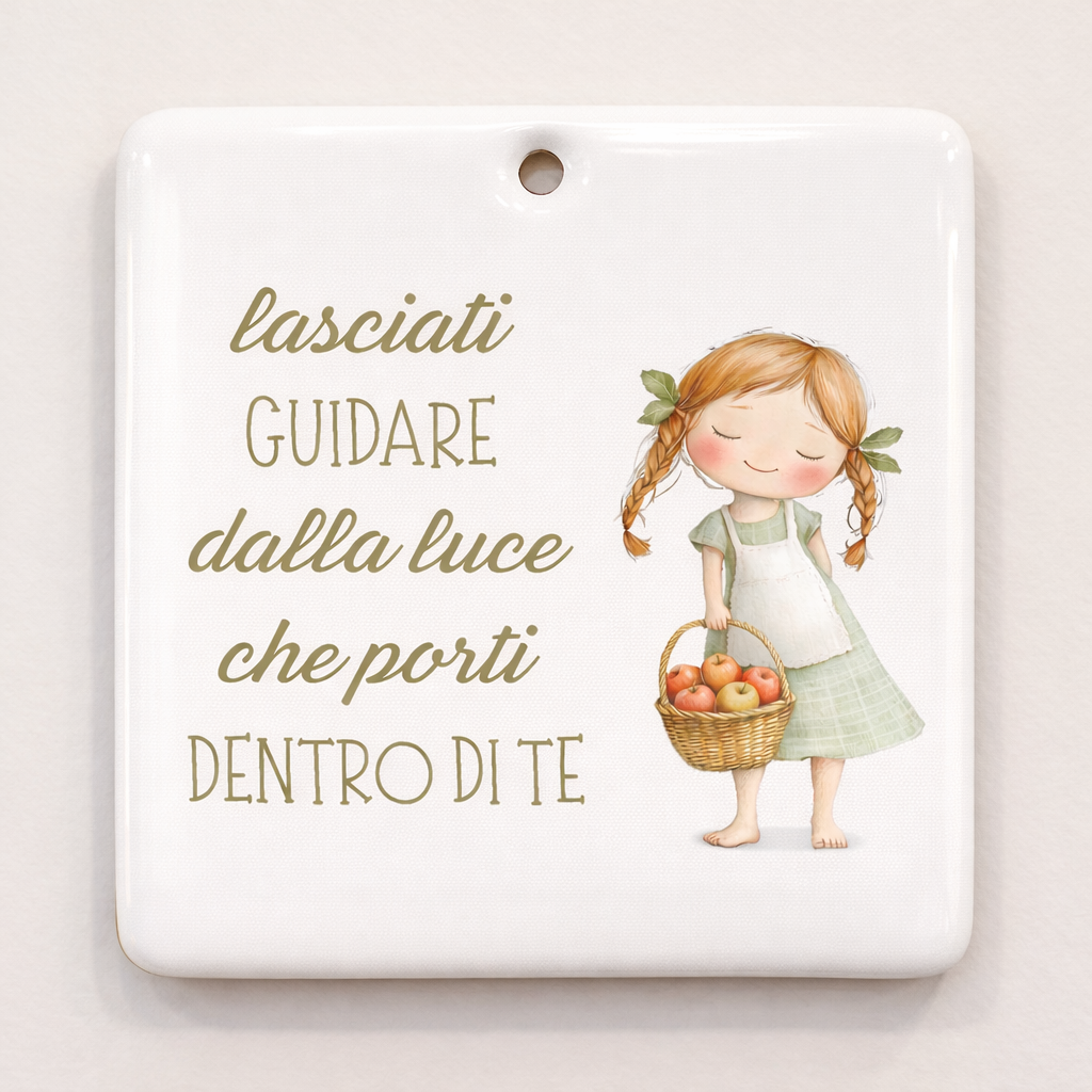 Piastrella rettangolare in ceramica con Bimba con cestino di frutta da appendere 10 cm x 10 cm