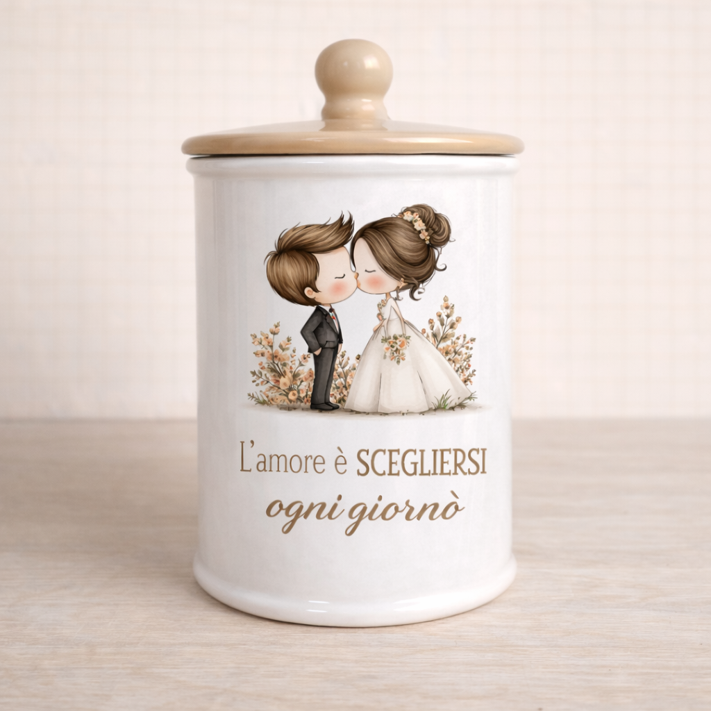 Biscottiera in ceramica artigianale 15cm o 19 cm decorazione Sposini "L'amore è scegliersi ogni giorno"