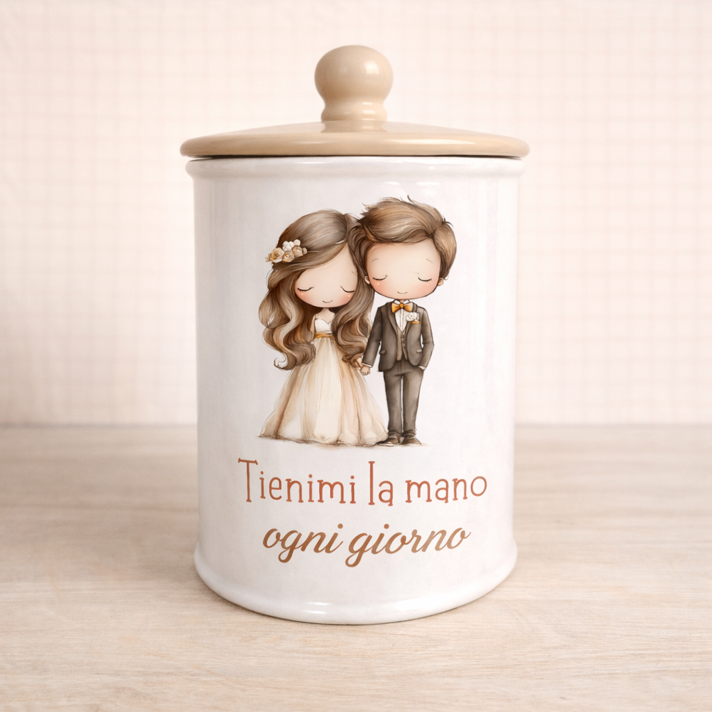 Biscottiera in ceramica artigianale 15cm o 19 cm decorazione Sposini "Tienimi la mano ogni giorno"