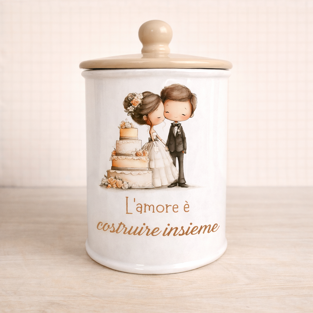 Biscottiera in ceramica artigianale 15cm o 19 cm decorazione Sposini "L'amore è costruire insieme"