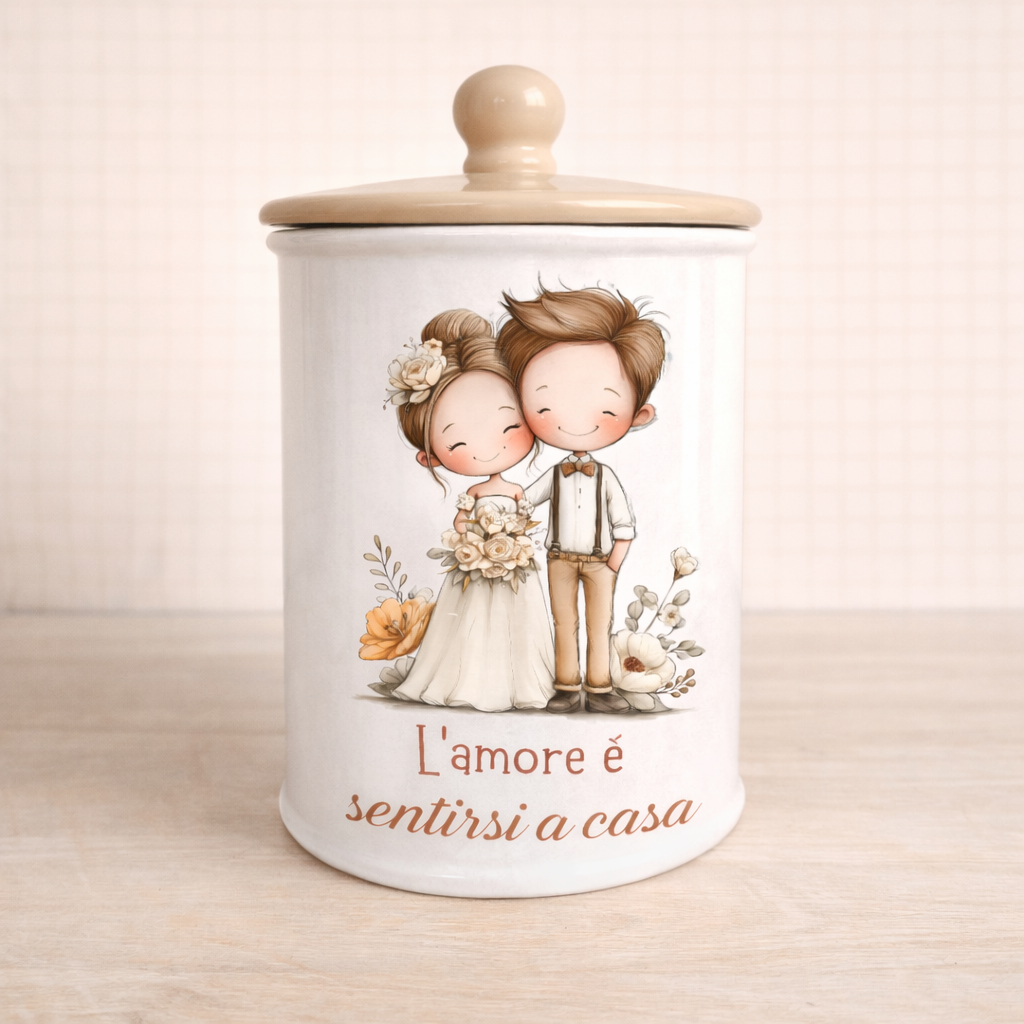 Biscottiera in ceramica artigianale 15cm o 19 cm decorazione Sposini "L'amore è sentirsi a casa"