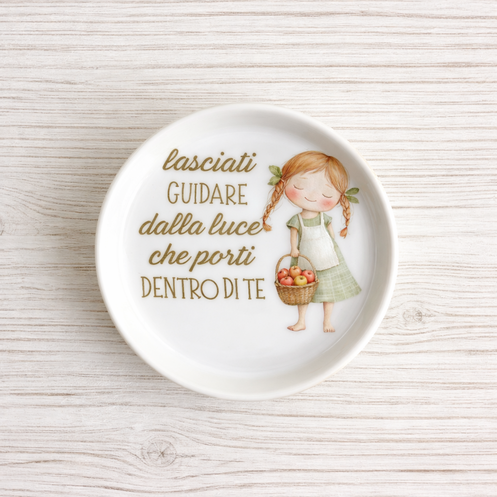Piattino sottobottiglia in Ceramica con Bimba con il cesto di mele diametro 11 cm