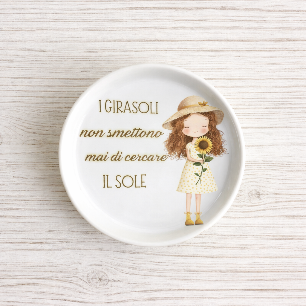 Piattino sottobottiglia in Ceramica con Bimba con girasole diametro 11 cm