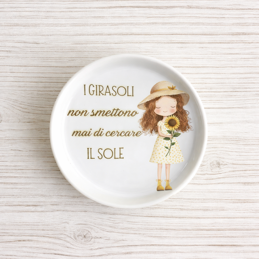 Piattino sottobottiglia in Ceramica con Bimba con girasole diametro 11 cm