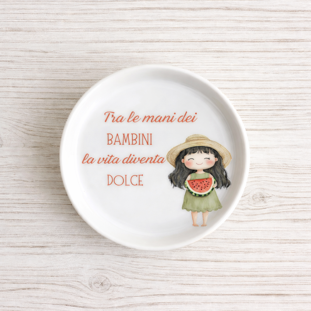 Piattino sottobottiglia in Ceramica con Bimba con anguria diametro 11 cm