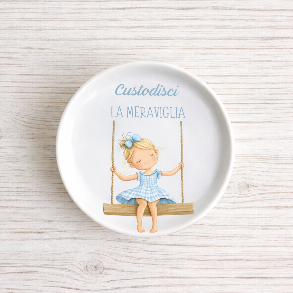 Piattino sottobottiglia in Ceramica con Bimba sull'altalena diametro 11 cm