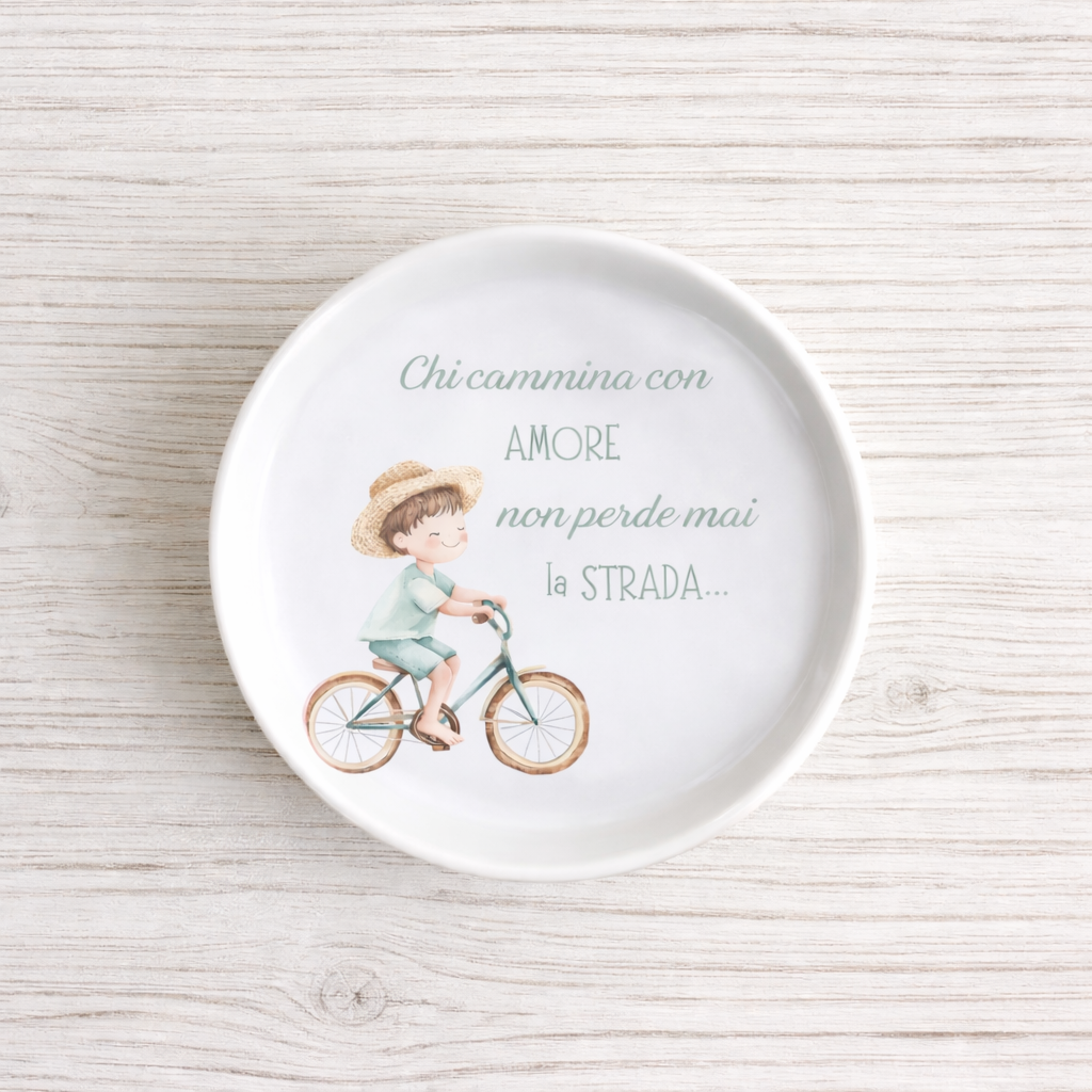 Piattino sottobottiglia in Ceramica con Bimbo con bicicletta diametro 11 cm