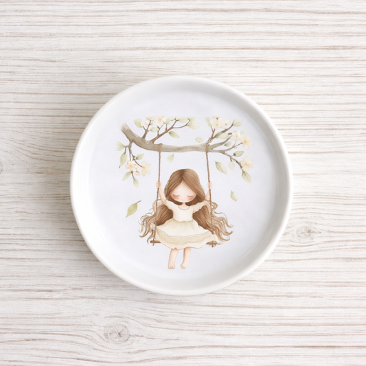 Piattino sottobottiglia in Ceramica con Bimba che dondola tra i fiori country diametro 11 cm