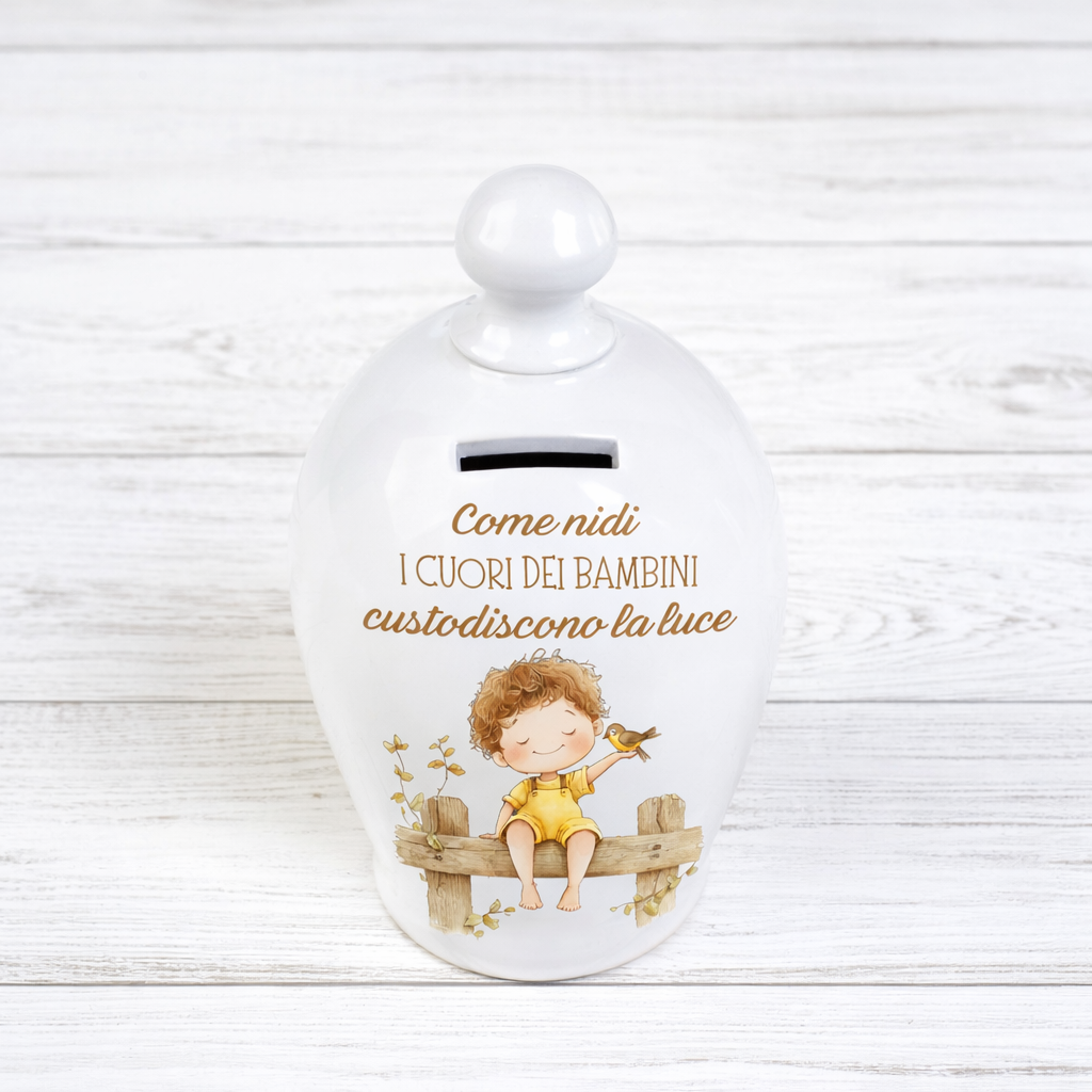 Salvadanaio in ceramica artigianale 15cm decorazione Bimbo con uccellino