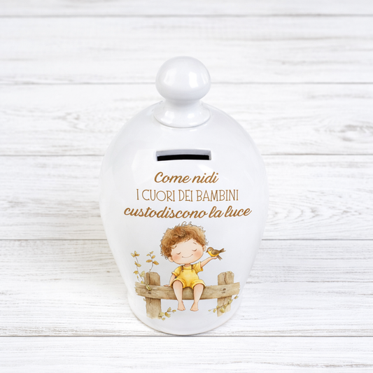 Salvadanaio in ceramica artigianale 15cm decorazione Bimbo con uccellino
