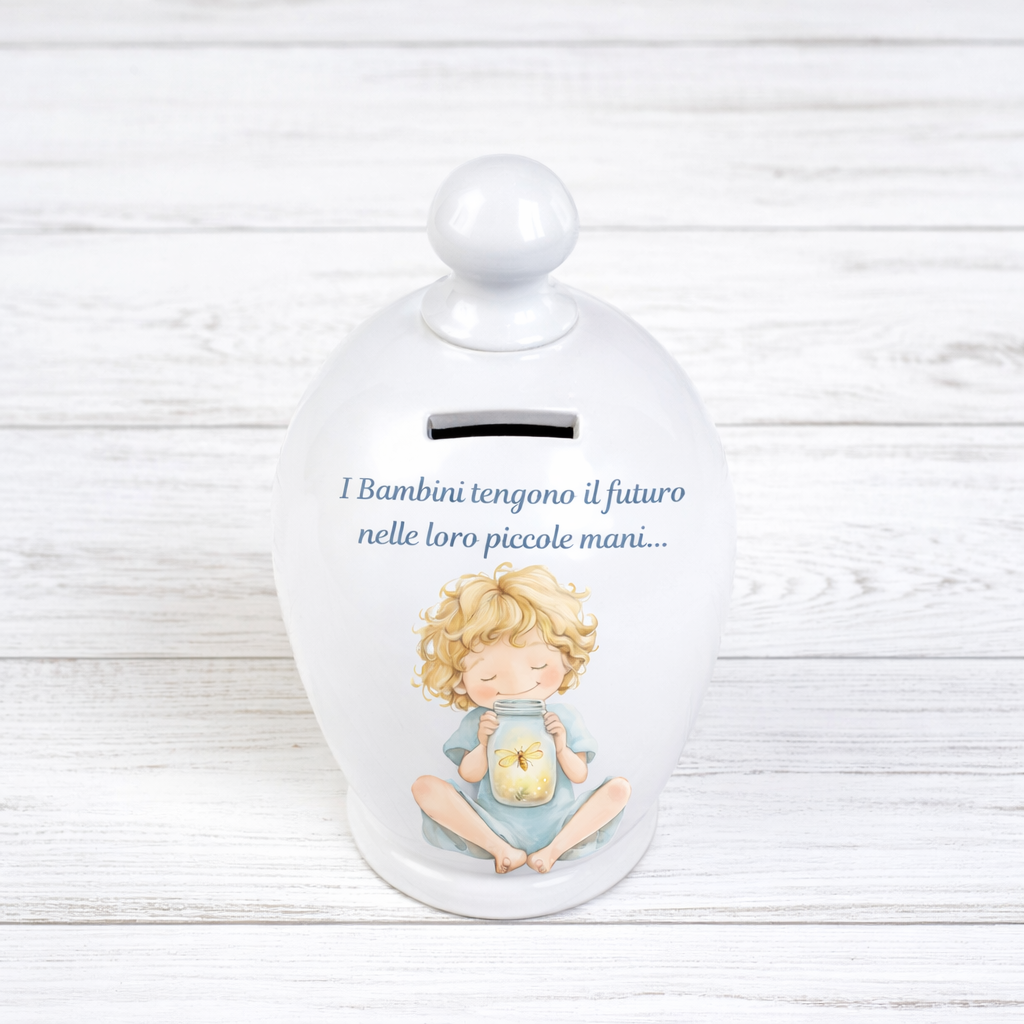 Salvadanaio in ceramica artigianale 15cm decorazione Bimbo con libellula